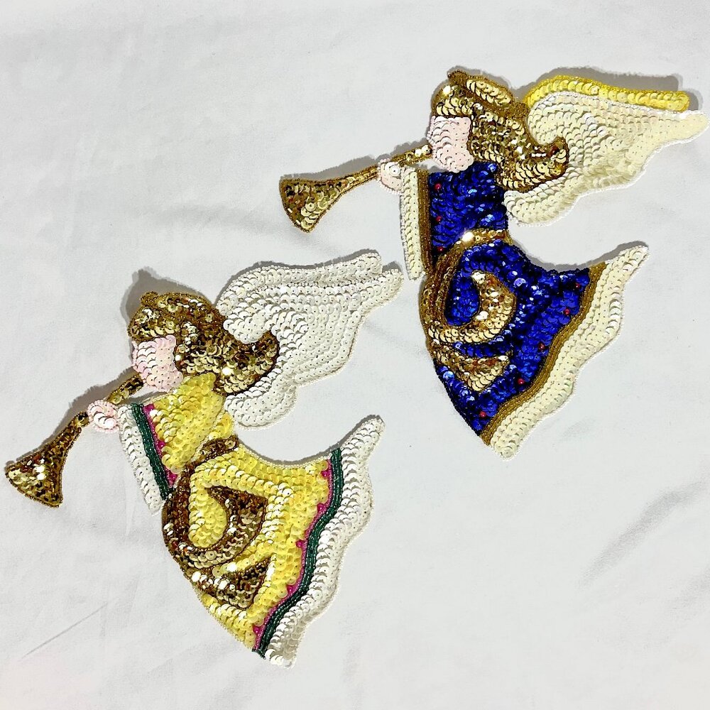 Large 9+" Sequin Applique Angels Beads Christmas Trumpeting